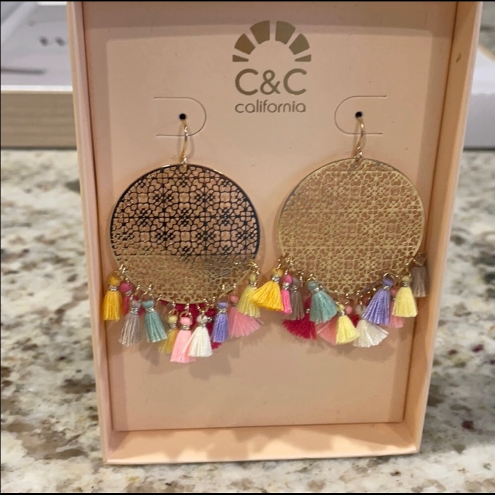 Gold filigree earrings with multicolored tassles